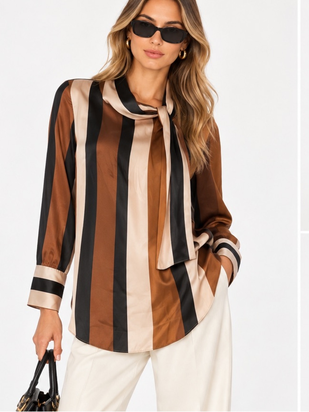 Zara Basic Satin Striped Tie Neck Tunic Blouse XS Brown Black Cream